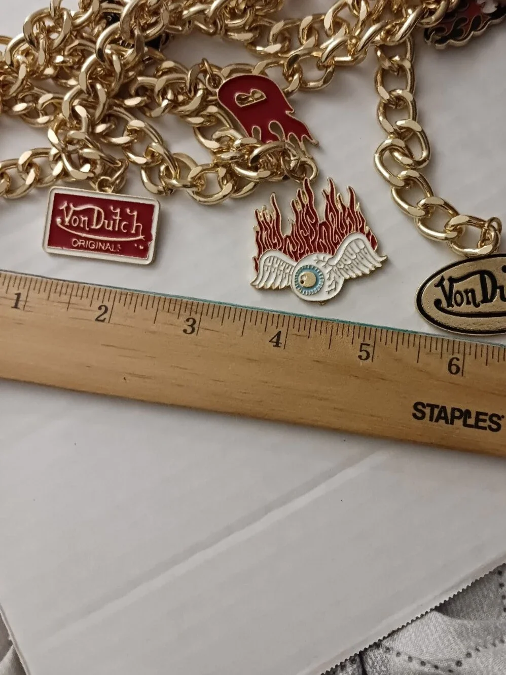 VON DUTCH Double Chain CHARM Belt Gold-tone Enamel Eyeball Flames Size S/M New